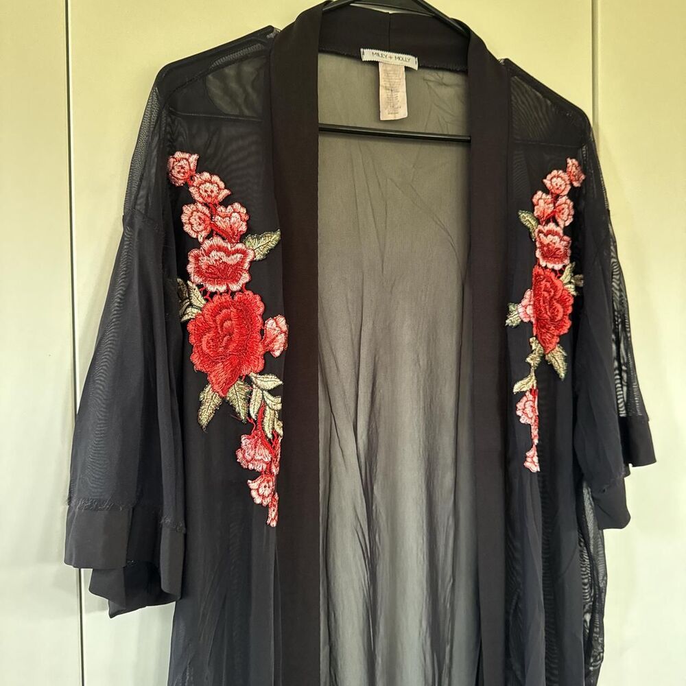 Black sheer mesh kimono robe cover up with embroidered Flowers fairy goth hippie